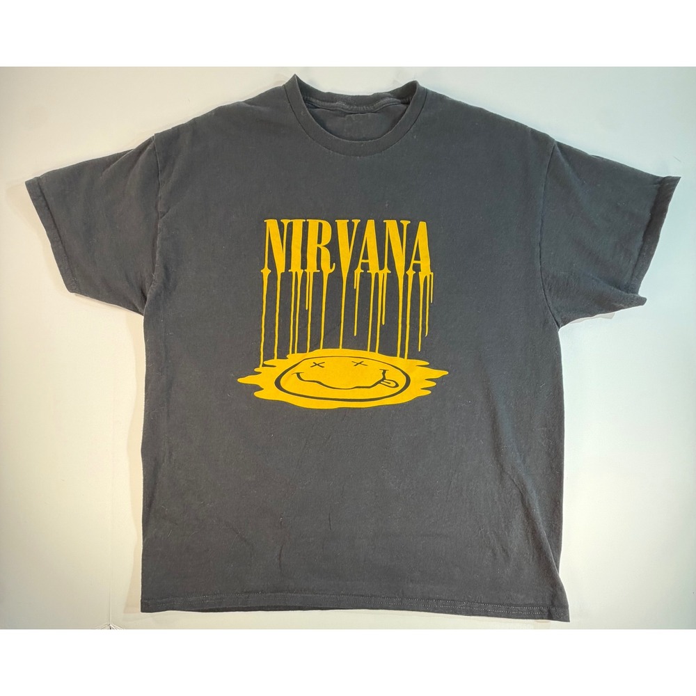 Nirvana Melting Smiley Face Graphic T-Shirt Black Yellow Grunge Rock Tee XL